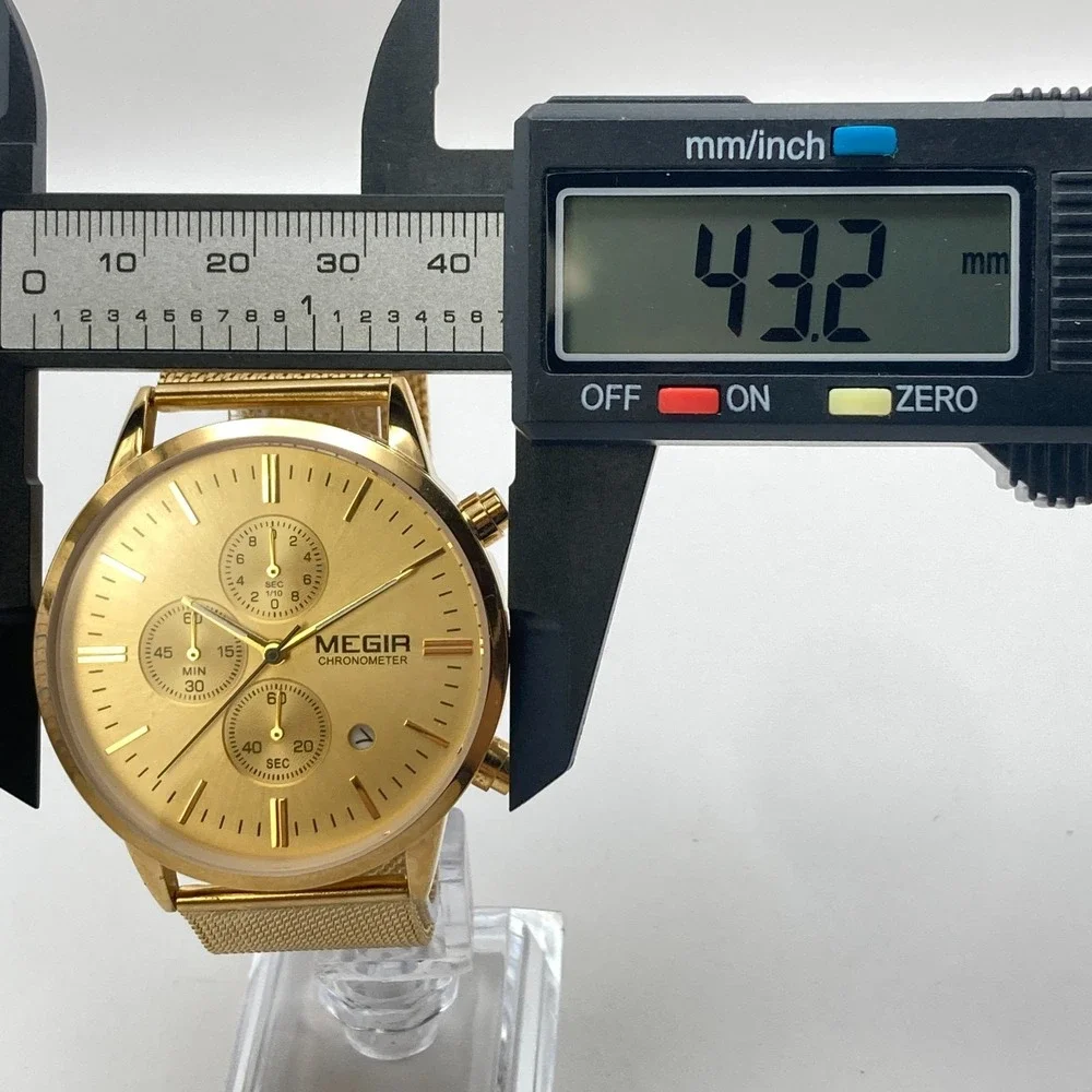 Megir Men's Chronograph Watch 43mm Gold Tone Date Mesh Band WR New Battery